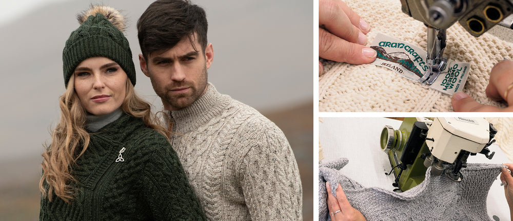 Aran Sweaters Made in Ireland. Man's Aran Sweater and Ladies Aran Sweater