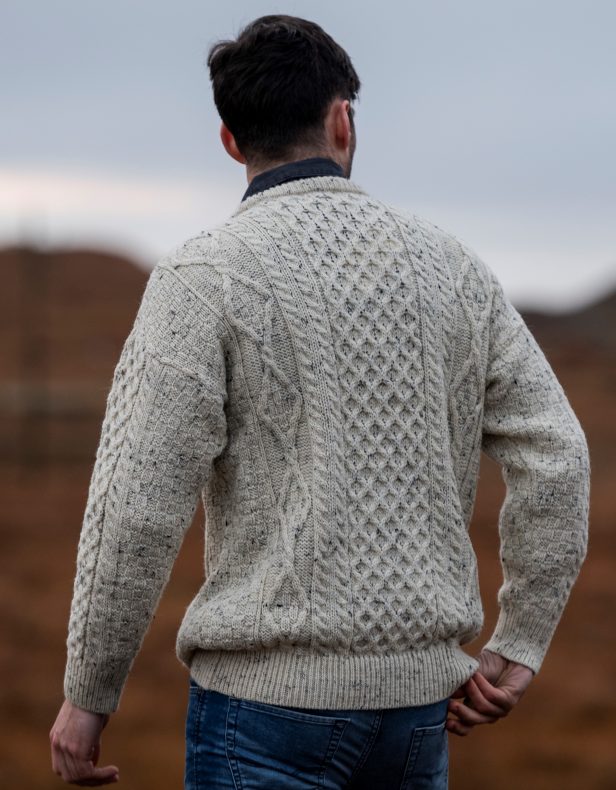 Male Natural Fleck Inish Mor Crew Neck Aran Sweater by West End Knitwear | Maguire's Hill of Tara