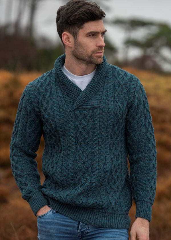 Men's Bunratty Shawl Collar Aran Sweater by West End Knitwear | Maguire's Hill of Tara