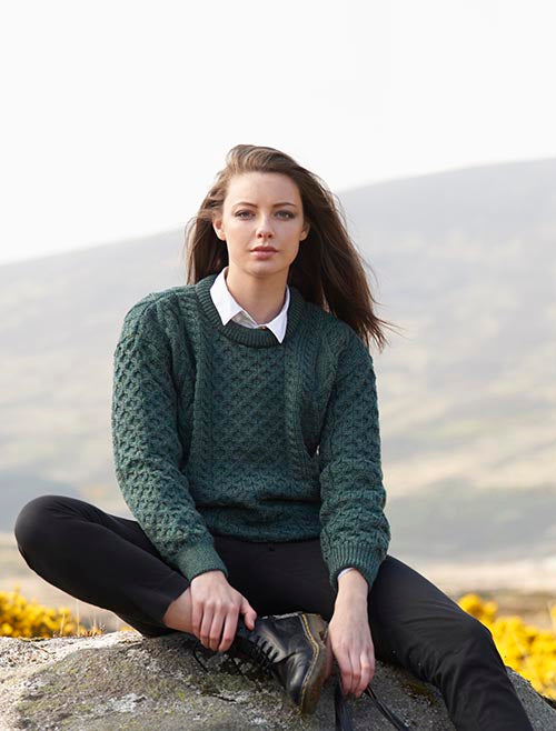 Female Moss Green Inish Mor Crew Neck Aran Sweater by West End Knitwear | Maguire's Hill of Tara