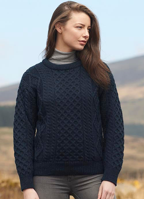Female Blackwatch Inish Mor Crew Neck Aran Sweater by West End Knitwear | Maguire's Hill of Tara