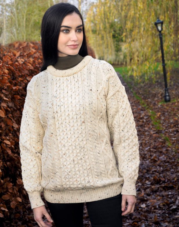 Female Natural Fleck Inish Mor Crew Neck Aran Sweater by West End Knitwear | Maguire's Hill of Tara