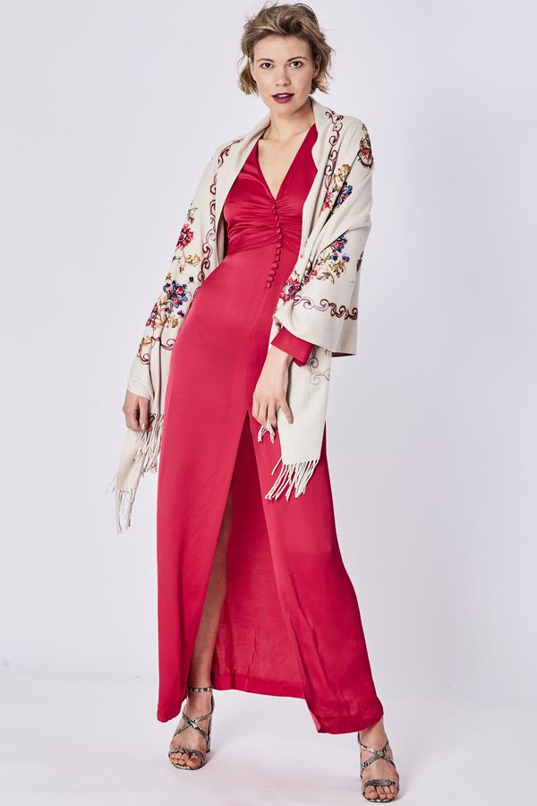 Cream Cashmere Blend Embroidered Shawl and Red Dress | Maguire's Hill of Tara