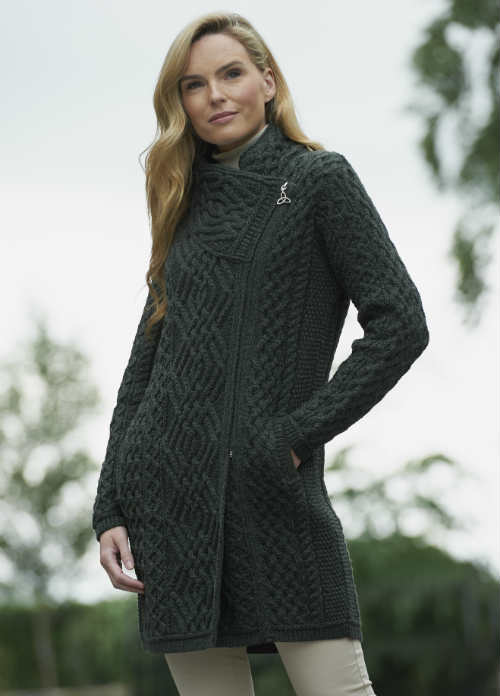 Green Women's Liffey Aran Sweater Coat by West End Knitwear | Maguire's Hill of Tara
