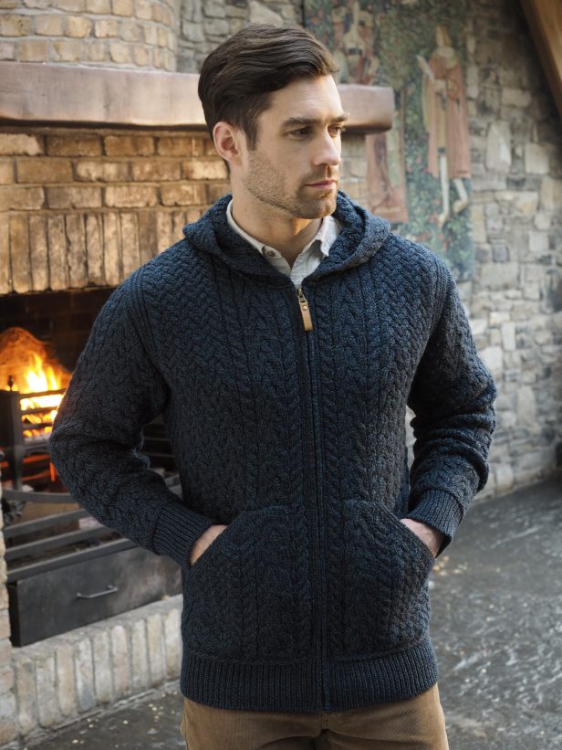 Men's Limerick Hooded Aran Cardigan by West End Knitwear | Maguire's Hill of Tara