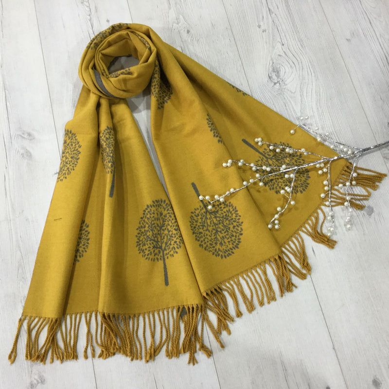 Tree of Life Print Cashmere Mix Scarf, Mustard | Maguires Hill of Tara