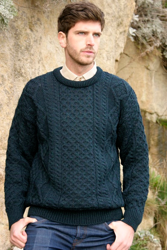 Male Blackwatch Inish Mor Crew Neck Aran Sweater by West End Knitwear | Maguire's Hill of Tara