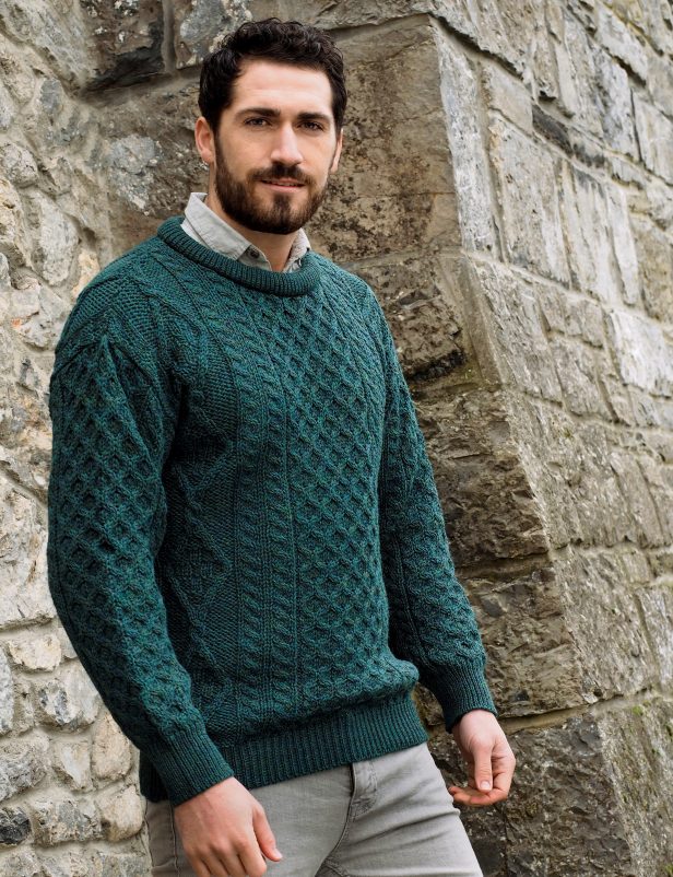 Male Moss Green Inish Mor Crew Neck Aran Sweater by West End Knitwear | Maguire's Hill of Tara